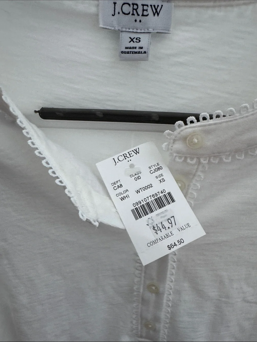 J. Crew White Short-Sleeve Henley with Loop-Trim Collar